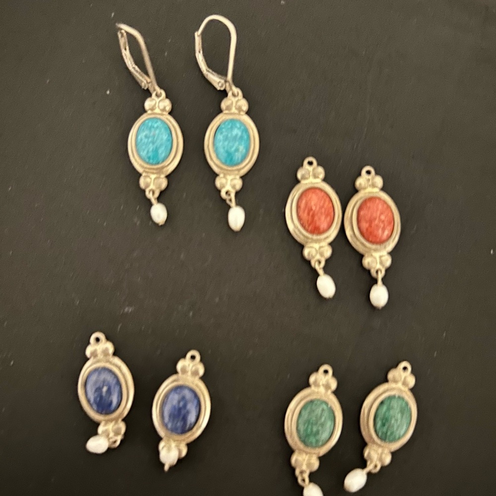 Vintage 925 Sterling Silver Four Interchangeable Gemstone Earrings